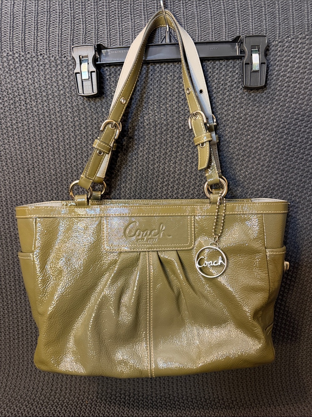 Coach Olive Patent Leather Shoulder Tote with Charm